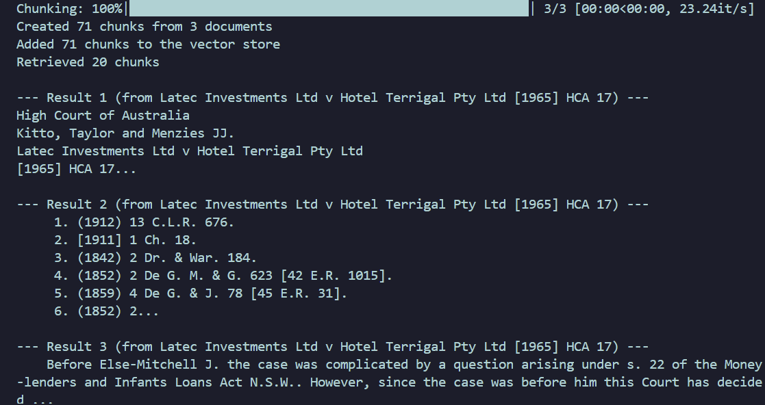 Terminal output after retrieving relevant chunks