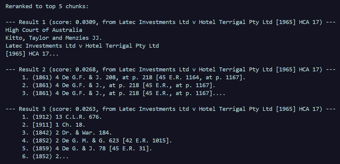 Terminal output showing retrieval results after reranking