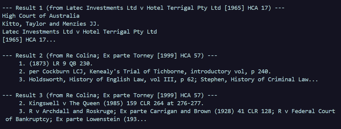 Terminal output showing retrieval results before reranking