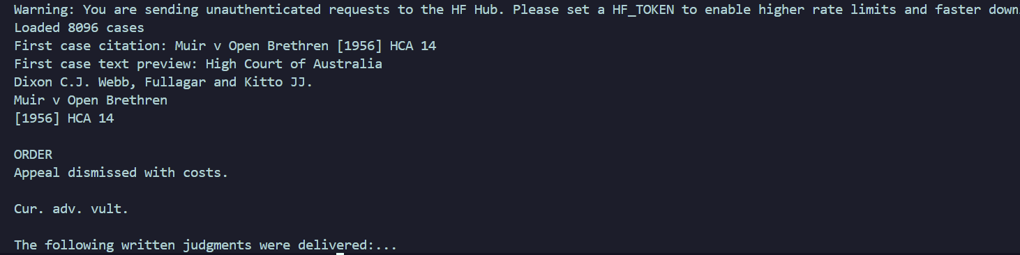 Terminal output after loading High Court of Australia cases