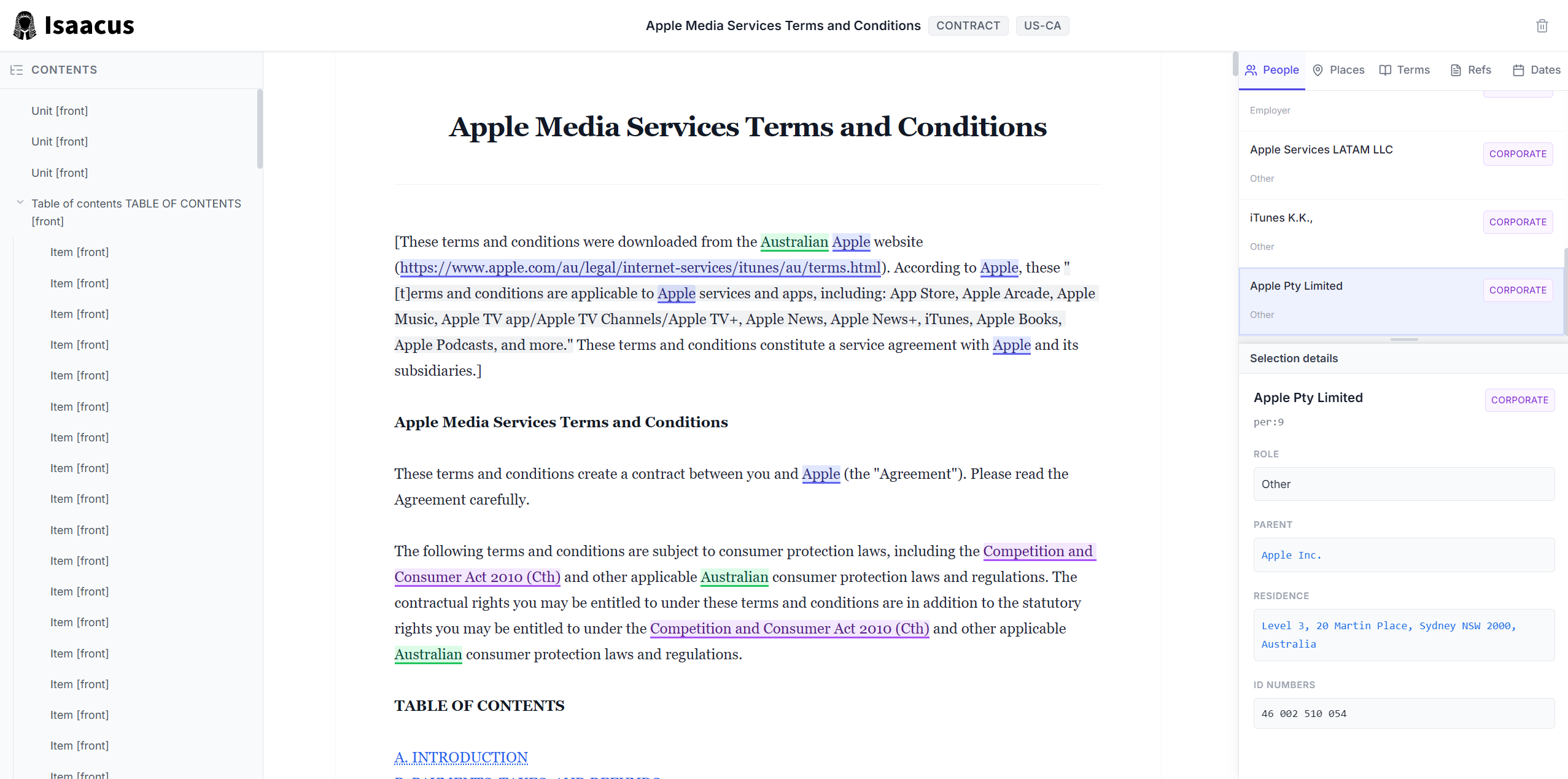 ILDGS document viewer showing Apple's terms of service enriched by Kanon 2 Enricher