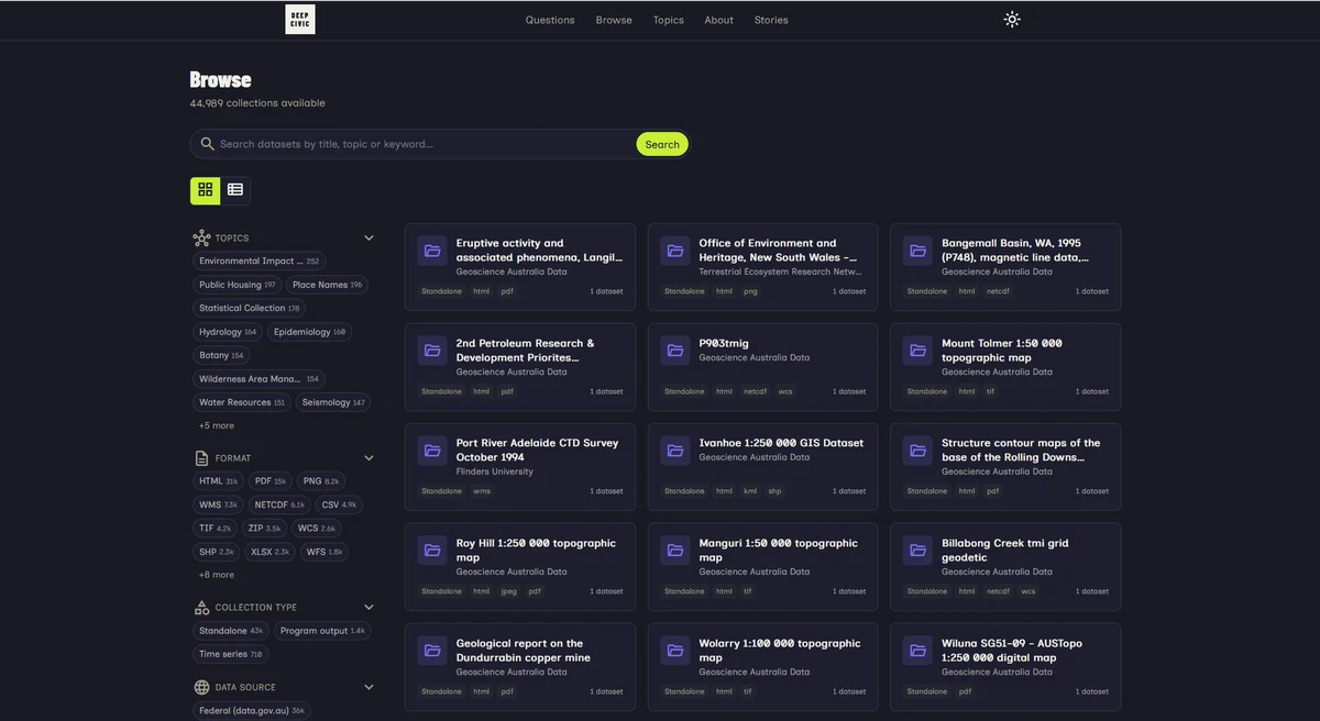 DeepCivic open government dataset search interface
