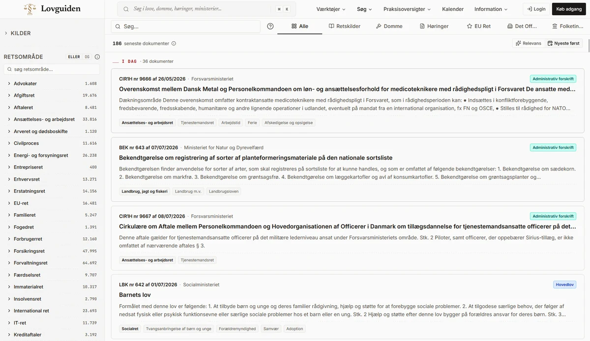 Lovguiden Danish legal search interface